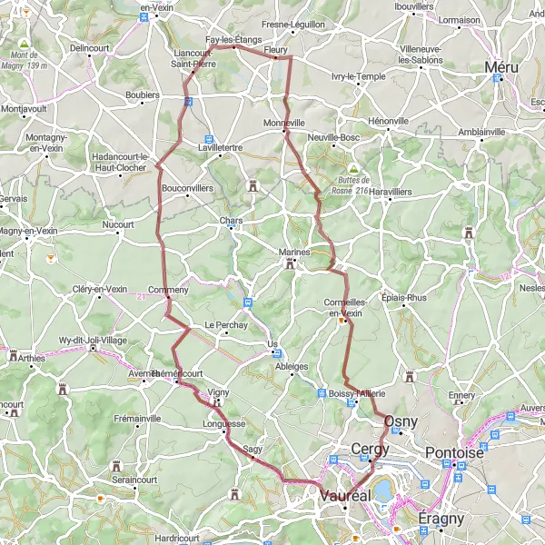 Map miniature of "Vauréal - Vue sur Longuesse - Théméricourt - Lierville - Liancourt-Saint-Pierre - Chavençon - Osny Gravel Route" cycling inspiration in Ile-de-France, France. Generated by Tarmacs.app cycling route planner