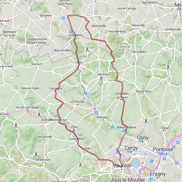 Map miniature of "Vauréal to Puiseux-Pontoise Gravel Route" cycling inspiration in Ile-de-France, France. Generated by Tarmacs.app cycling route planner