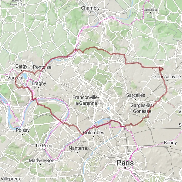 Map miniature of "Vauréal - Pontoise - Butry-sur-Oise - Attainville - Gonesse - Saint-Denis - Sartrouville - view over Conflans-Sainte-Honorine - Jouy-le-Moutier Gravel Route" cycling inspiration in Ile-de-France, France. Generated by Tarmacs.app cycling route planner