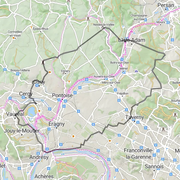 Miniature de la carte de l'inspiration cycliste "Les Collines de l'Oise" dans la Ile-de-France, France. Générée par le planificateur d'itinéraire cycliste Tarmacs.app