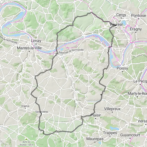 Map miniature of "Vauréal to Longuesse Road Route" cycling inspiration in Ile-de-France, France. Generated by Tarmacs.app cycling route planner