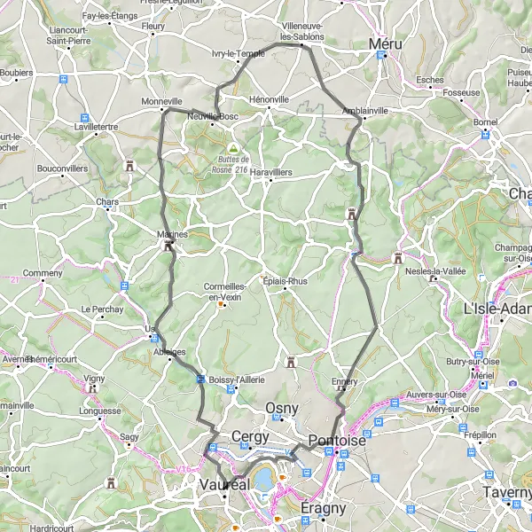 Map miniature of "Vauréal - Ableiges - Neuville-Bosc - Amblainville - Pontoise - Le Clos Route" cycling inspiration in Ile-de-France, France. Generated by Tarmacs.app cycling route planner