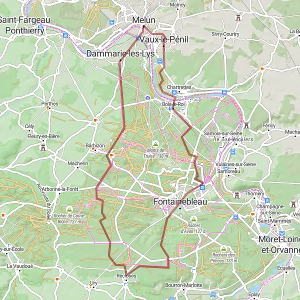 Map miniature of "Round Trip to Chartrettes and Fontainebleau" cycling inspiration in Ile-de-France, France. Generated by Tarmacs.app cycling route planner