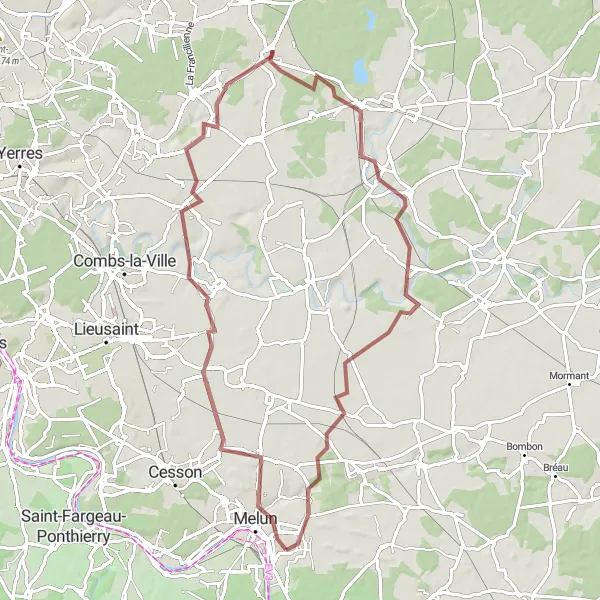 Miniature de la carte de l'inspiration cycliste "Circuit Gravel de Melun à Château de Vaux-le-Vicomte via Évry-Grégy-sur-Yerre et Ozoir-la-Ferrière" dans la Ile-de-France, France. Générée par le planificateur d'itinéraire cycliste Tarmacs.app