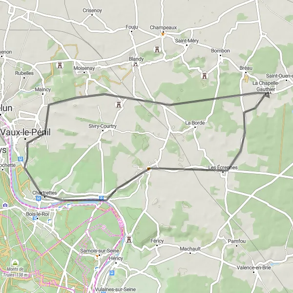 Map miniature of "Picturesque Road Loop to Vaux-le-Pénil and Fontaine-le-Port" cycling inspiration in Ile-de-France, France. Generated by Tarmacs.app cycling route planner