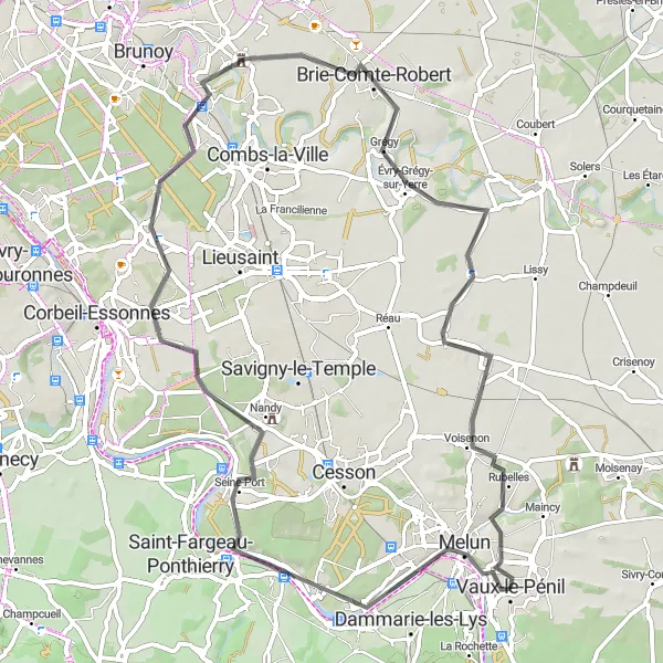 Map miniature of "Scenic Road Circuit through Melun and Brie-Comte-Robert" cycling inspiration in Ile-de-France, France. Generated by Tarmacs.app cycling route planner