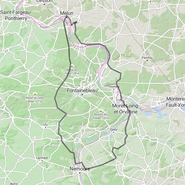 Map miniature of "The Rolling Hills of Vaux-le-Pénil" cycling inspiration in Ile-de-France, France. Generated by Tarmacs.app cycling route planner