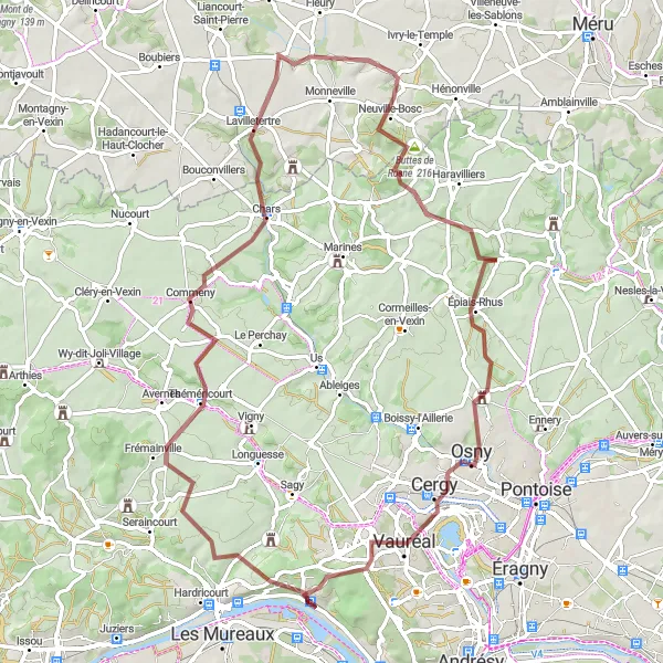 Map miniature of "Challenging gravel route through Évecquemont, Chars, Tourly, Buttes de Rosne, Osny, and Courdimanche" cycling inspiration in Ile-de-France, France. Generated by Tarmacs.app cycling route planner