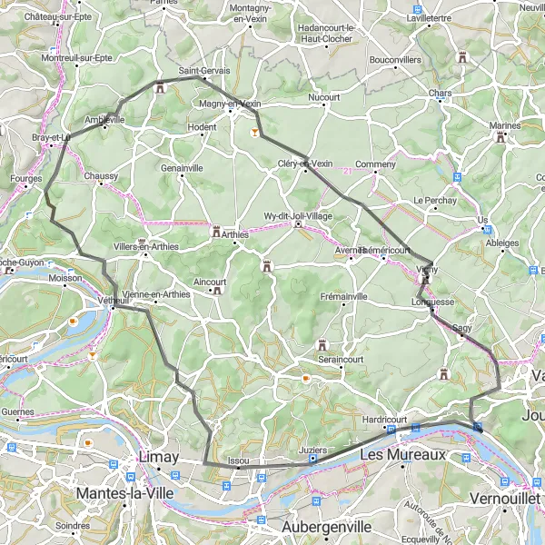 Map miniature of "Picturesque Road Ride through Île-de-France" cycling inspiration in Ile-de-France, France. Generated by Tarmacs.app cycling route planner