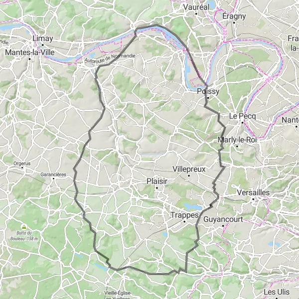 Map miniature of "The Royal Quest" cycling inspiration in Ile-de-France, France. Generated by Tarmacs.app cycling route planner