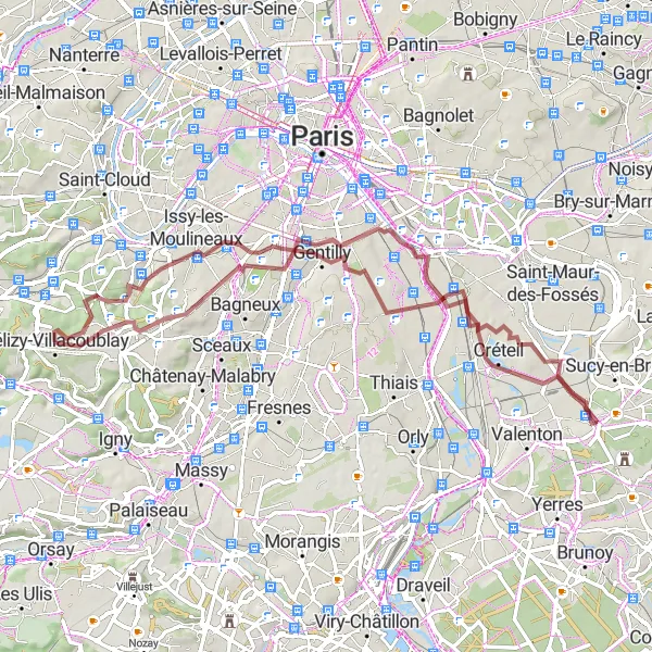 Miniature de la carte de l'inspiration cycliste "Tour de la Vallée de la Bièvre" dans la Ile-de-France, France. Générée par le planificateur d'itinéraire cycliste Tarmacs.app