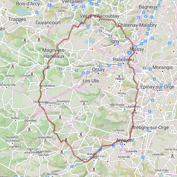 Miniature de la carte de l'inspiration cycliste "Boucle à Champlan et Vélizy-Villacoublay" dans la Ile-de-France, France. Générée par le planificateur d'itinéraire cycliste Tarmacs.app