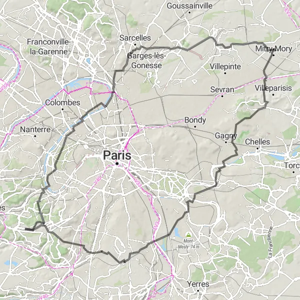 Map miniature of "Historical Cycling Trail" cycling inspiration in Ile-de-France, France. Generated by Tarmacs.app cycling route planner