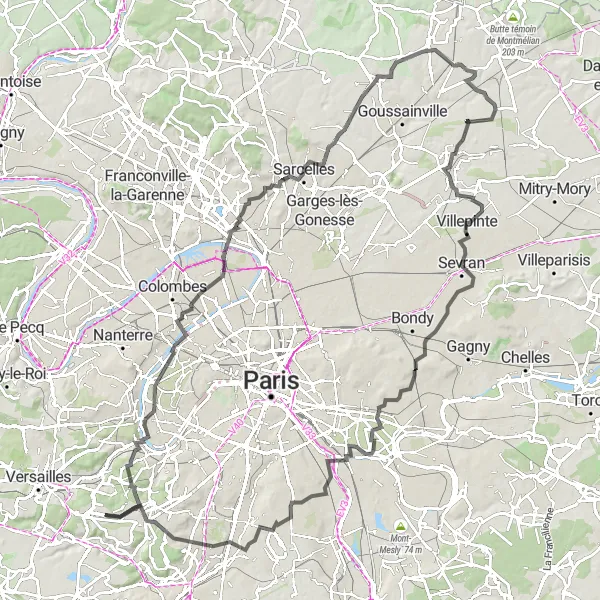 Map miniature of "Road Trip through Suburban Beauty" cycling inspiration in Ile-de-France, France. Generated by Tarmacs.app cycling route planner