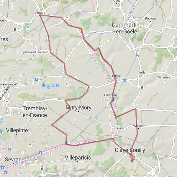 Miniature de la carte de l'inspiration cycliste "Tour pittoresque en Gravel près de Vémars" dans la Ile-de-France, France. Générée par le planificateur d'itinéraire cycliste Tarmacs.app