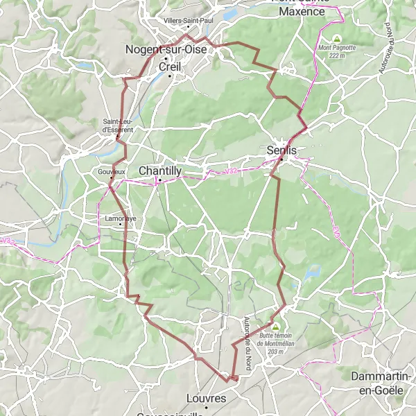 Miniature de la carte de l'inspiration cycliste "Vers les terres de Senlis en gravel" dans la Ile-de-France, France. Générée par le planificateur d'itinéraire cycliste Tarmacs.app