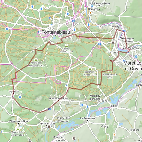 Miniature de la carte de l'inspiration cycliste "Les Rochers de Fontainebleau" dans la Ile-de-France, France. Générée par le planificateur d'itinéraire cycliste Tarmacs.app