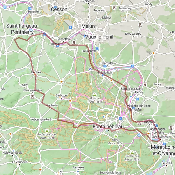 Map miniature of "Discover the Hidden Gravel Gems Near Veneux-les-Sablons" cycling inspiration in Ile-de-France, France. Generated by Tarmacs.app cycling route planner