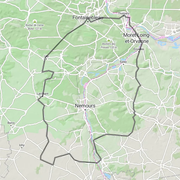 Map miniature of "Fontainebleau Adventure" cycling inspiration in Ile-de-France, France. Generated by Tarmacs.app cycling route planner