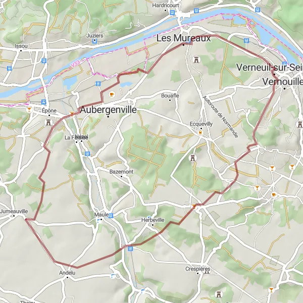 Miniature de la carte de l'inspiration cycliste "Parcours gravel à travers Les Mureaux" dans la Ile-de-France, France. Générée par le planificateur d'itinéraire cycliste Tarmacs.app