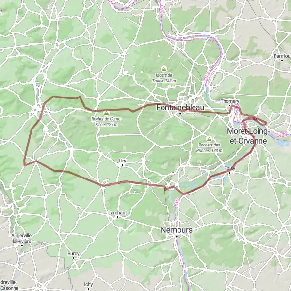 Map miniature of "Fontainebleau Castle and Forest Gravel Ride" cycling inspiration in Ile-de-France, France. Generated by Tarmacs.app cycling route planner