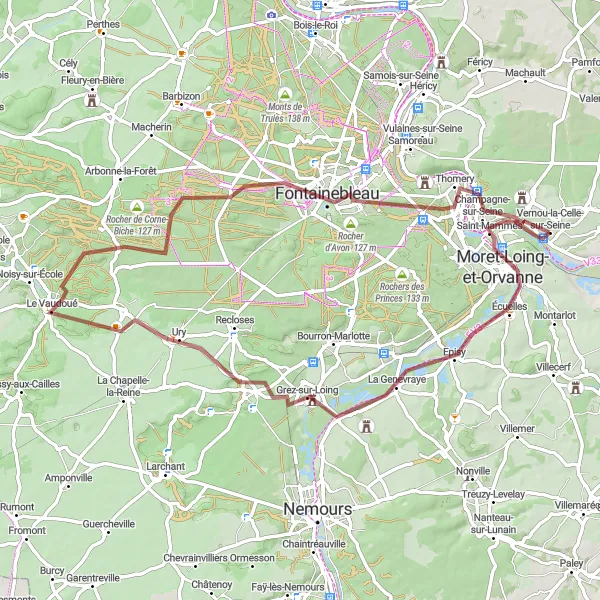 Miniature de la carte de l'inspiration cycliste "Les Chemins de Gravel de la Forêt de Fontainebleau" dans la Ile-de-France, France. Générée par le planificateur d'itinéraire cycliste Tarmacs.app