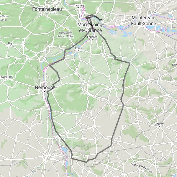 Map miniature of "Countryside Road Cycling Journey" cycling inspiration in Ile-de-France, France. Generated by Tarmacs.app cycling route planner