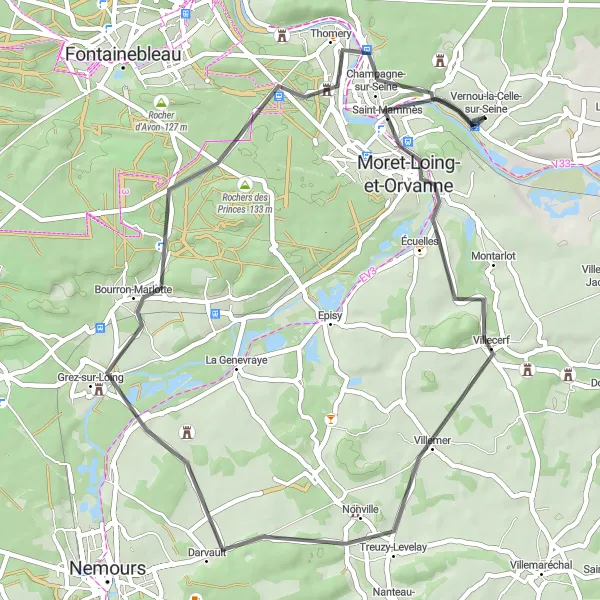 Miniature de la carte de l'inspiration cycliste "Le Canal du Loing et les Forêts de Fontainebleau" dans la Ile-de-France, France. Générée par le planificateur d'itinéraire cycliste Tarmacs.app