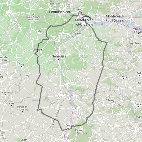 Miniature de la carte de l'inspiration cycliste "Les Collines de la Seine-et-Loing" dans la Ile-de-France, France. Générée par le planificateur d'itinéraire cycliste Tarmacs.app