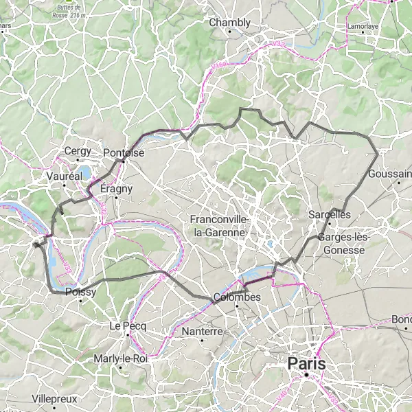 Map miniature of "Road Cycling near Vernouillet" cycling inspiration in Ile-de-France, France. Generated by Tarmacs.app cycling route planner