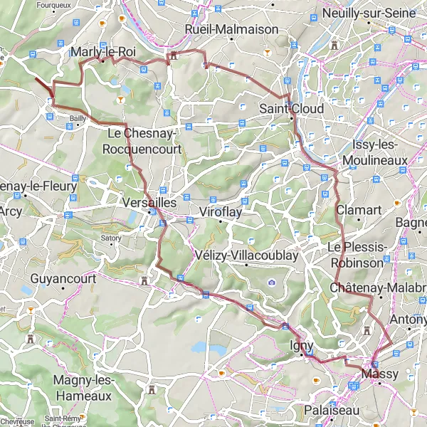 Miniature de la carte de l'inspiration cycliste "Randonnée gravel par Versailles et Meudon" dans la Ile-de-France, France. Générée par le planificateur d'itinéraire cycliste Tarmacs.app