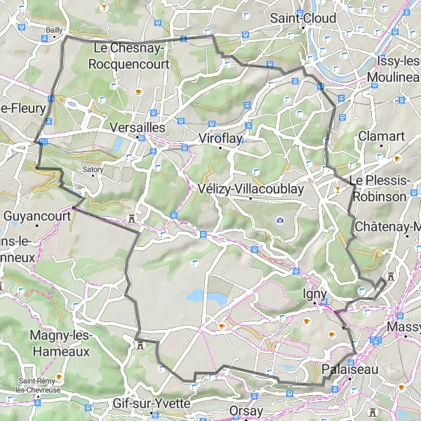 Miniature de la carte de l'inspiration cycliste "Boucle routière Villebon-sur-Yvette - Verrières-le-Buisson" dans la Ile-de-France, France. Générée par le planificateur d'itinéraire cycliste Tarmacs.app