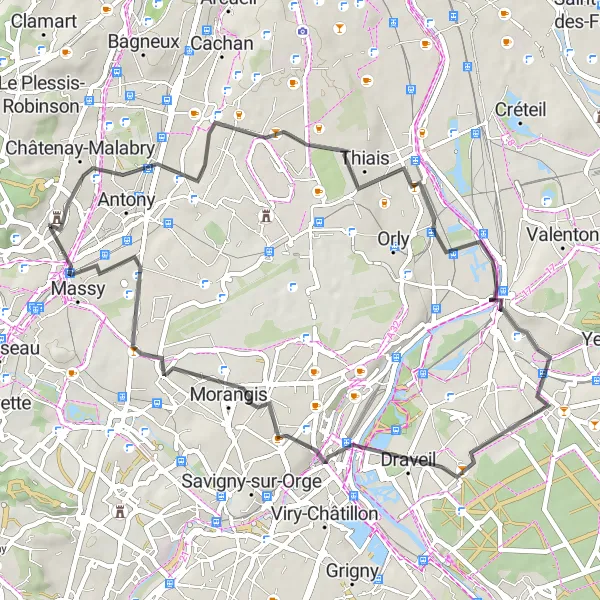 Miniature de la carte de l'inspiration cycliste "Boucle Antony-Massy" dans la Ile-de-France, France. Générée par le planificateur d'itinéraire cycliste Tarmacs.app