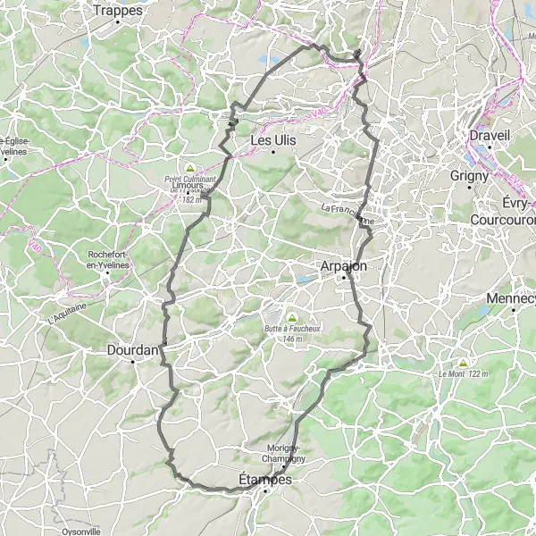 Miniature de la carte de l'inspiration cycliste "Tour Montlhéry-Angervilliers" dans la Ile-de-France, France. Générée par le planificateur d'itinéraire cycliste Tarmacs.app