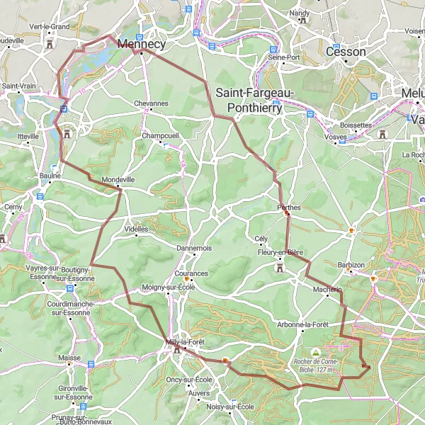 Map miniature of "The Hidden Gems of Auvernaux" cycling inspiration in Ile-de-France, France. Generated by Tarmacs.app cycling route planner