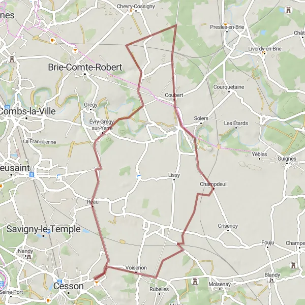 Miniature de la carte de l'inspiration cycliste "Tour de Réau à Rubelles" dans la Ile-de-France, France. Générée par le planificateur d'itinéraire cycliste Tarmacs.app