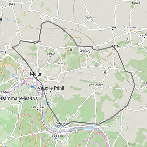 Miniature de la carte de l'inspiration cycliste "Circuit de Moisenay à Melun" dans la Ile-de-France, France. Générée par le planificateur d'itinéraire cycliste Tarmacs.app