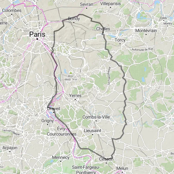 Miniature de la carte de l'inspiration cycliste "Itinéraire à travers Cesson et Roissy-en-Brie" dans la Ile-de-France, France. Générée par le planificateur d'itinéraire cycliste Tarmacs.app