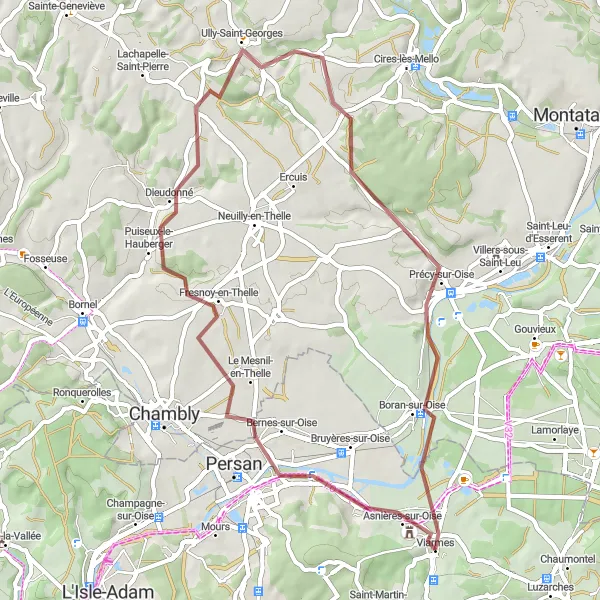 Miniature de la carte de l'inspiration cycliste "La boucle de Précy-sur-Oise" dans la Ile-de-France, France. Générée par le planificateur d'itinéraire cycliste Tarmacs.app