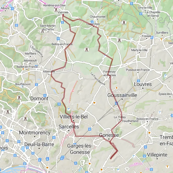 Miniature de la carte de l'inspiration cycliste "Le Tour des Châteaux" dans la Ile-de-France, France. Générée par le planificateur d'itinéraire cycliste Tarmacs.app