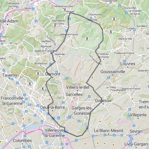 Miniature de la carte de l'inspiration cycliste "Boucle de Viarmes" dans la Ile-de-France, France. Générée par le planificateur d'itinéraire cycliste Tarmacs.app