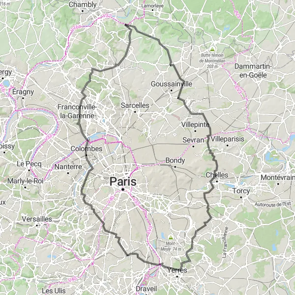 Miniature de la carte de l'inspiration cycliste "Tour épique de 141 km à travers l'Île-de-France" dans la Ile-de-France, France. Générée par le planificateur d'itinéraire cycliste Tarmacs.app