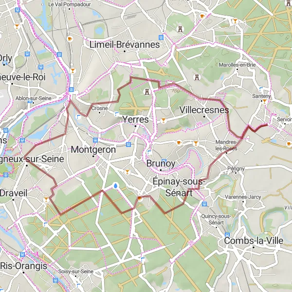 Map miniature of "Cycling through Vigneux-sur-Seine" cycling inspiration in Ile-de-France, France. Generated by Tarmacs.app cycling route planner