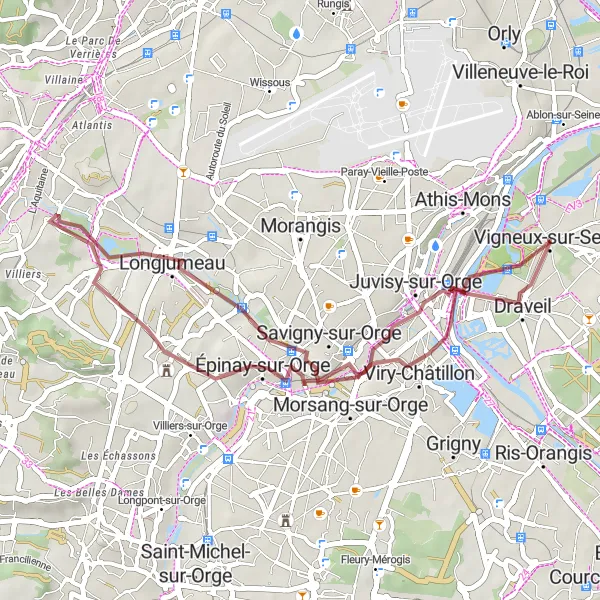 Map miniature of "Vigneux-sur-Seine Gravel Adventure" cycling inspiration in Ile-de-France, France. Generated by Tarmacs.app cycling route planner