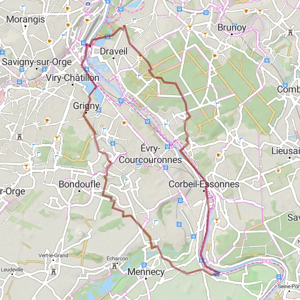 Map miniature of "Draveil &amp; Étiolles Escape" cycling inspiration in Ile-de-France, France. Generated by Tarmacs.app cycling route planner