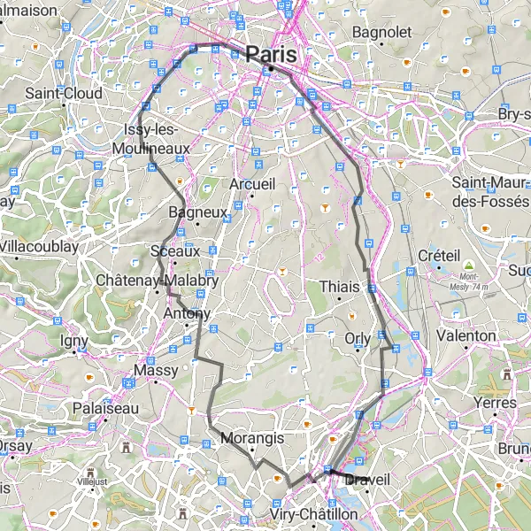 Miniature de la carte de l'inspiration cycliste "Les Vallées de l'Orge et de la Seine" dans la Ile-de-France, France. Générée par le planificateur d'itinéraire cycliste Tarmacs.app