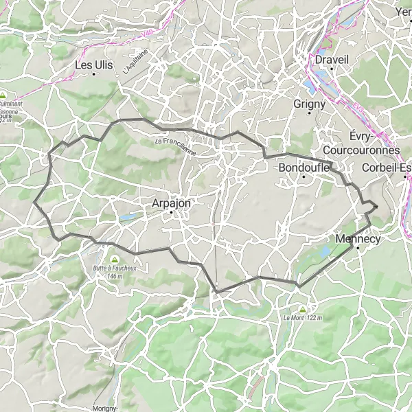 Map miniature of "Villabé Mennecy Cheptainville Butte à Faucheux Saint-Maurice-Montcouronne Montlhéry Bondoufle Route" cycling inspiration in Ile-de-France, France. Generated by Tarmacs.app cycling route planner
