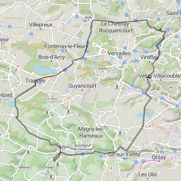 Miniature de la carte de l'inspiration cycliste "Boucle des Vallées et Forêts" dans la Ile-de-France, France. Générée par le planificateur d'itinéraire cycliste Tarmacs.app