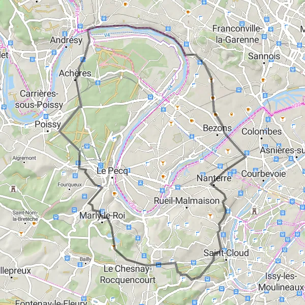 Miniature de la carte de l'inspiration cycliste "Boucle des Hauts-de-Seine" dans la Ile-de-France, France. Générée par le planificateur d'itinéraire cycliste Tarmacs.app