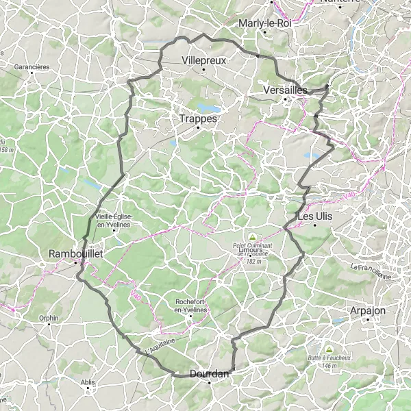 Miniature de la carte de l'inspiration cycliste "Les Collines de l'Ouest Parisien" dans la Ile-de-France, France. Générée par le planificateur d'itinéraire cycliste Tarmacs.app